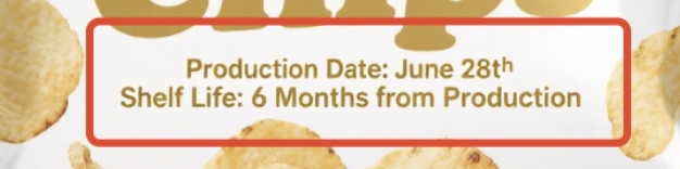 exmaple potato chips packaging roduction Date + Shelf Life Duration 